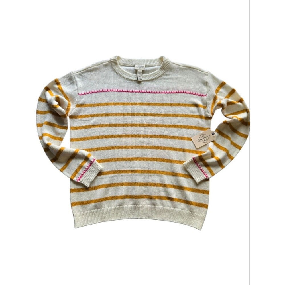 NWT St. John's Bay Striped Crewneck Sweater - Ivory Tan & Pink Embroidery Small